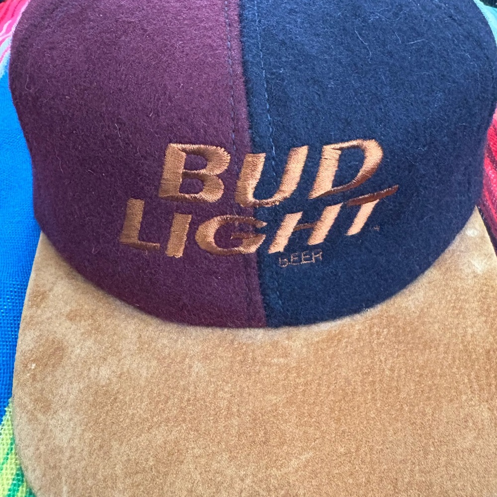 Vintage Bud Light Two-Tone Leather Strapback Hat Vtg